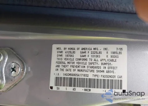 2005 Honda Accord 2.4 Ex from USA, damaged, VIN 1HGCM56805A171832